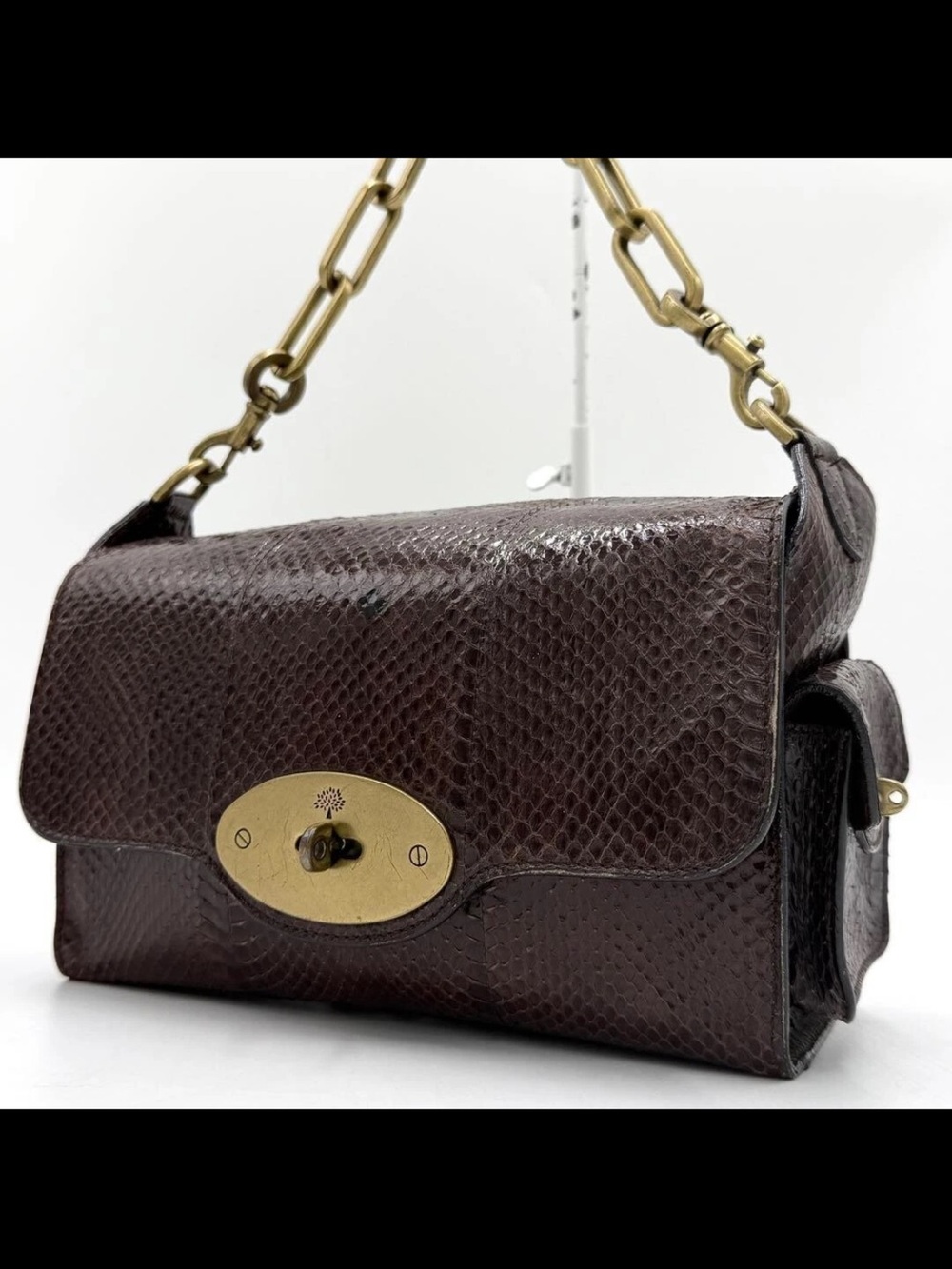 Mulberry Dark Brown Python-Textured Shoulder Bag with Brass Chain